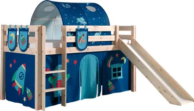 Image de Lit de jeu Vipack Pino incl. toboggan, surface de couchage 90x200 cm avec set textile rideau, tunnel et 3 sacs "Astro