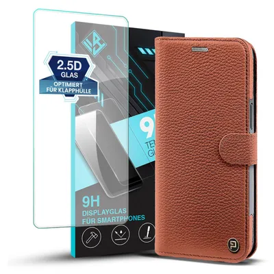 A product shot showing a brown leather phone case and a screen protector.