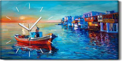 Produktbild von Wandbild Leinwand Bilder mit Uhr 60x30 Gemälde Ozean Meer Boot Sonnenuntergang - weiße Hände