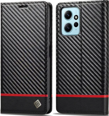 Produktbild von Hülle für Xiaomi Redmi Note 12 4G Kohlefaser Leder Brieftasche Schutzhülle mit Standfunktion Schwarz Horizontal Rot