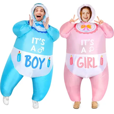 Two people wearing inflatable baby costumes, one blue for a boy and one pink for a girl.