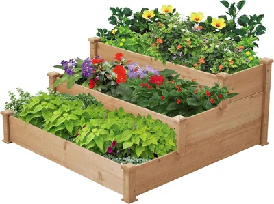 Produktbild von Erhöhtes Blumenbeet für Balkon und Garten, 3-stufige Blumenleiter 120x120x56 cm