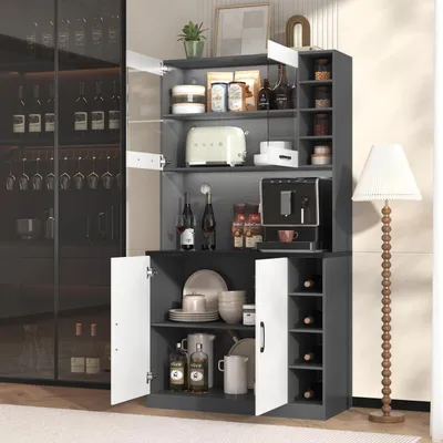 Immagine prodotto di Mobiletto da cucina buffet, dimensioni 100x47x187 cm, colore bianco, con illuminazione a LED e vano per il microonde