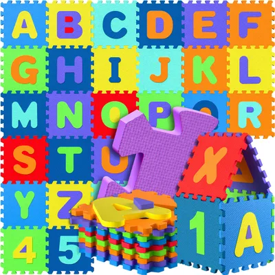 Produktbild von SPIELWERK® 86-teilige Puzzlematte Baby, Bunt – 3,3m² Buchstabenteppich – ABC Matten für Kinder, Spielunterlage Boden, Gummimatte Kinderzimmer, Puzzleteppich Baby, Spielteppich für Kinder