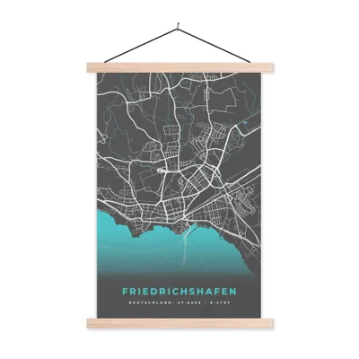 Produktbild von MuchoWow® Textilposter Stadtplan - Deutschlandkarte - Blau - Friedrichshafen- Karte 60x90 cm mit holzfarbenen Rahmen - Textil