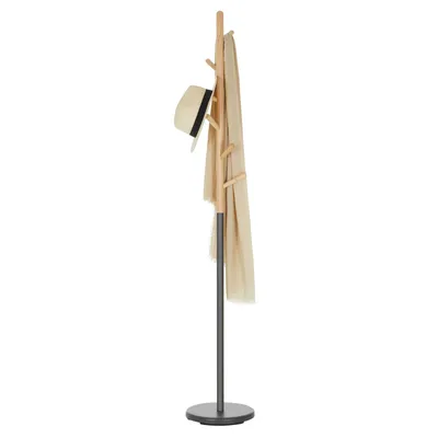 Produktbild von Kleiderständer ENRICO mit 6 Haken, Grau/Natur – stabile Standgarderobe aus Metall und massivem Kiefernholz, platzsparendes Design für Flur Büro und Empfangsbereich