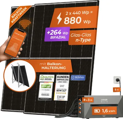 Produktbild von Solarway® 880W Balkonkraftwerk 800W komplett Steckdose Anker SOLIX Solarbank 2 E1600 Pro 1,6 kWh Speicher 440W bifaziale Solarmodule Balkon Halterung