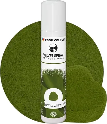 A spray can of green food coloring is shown against a background of green powder.