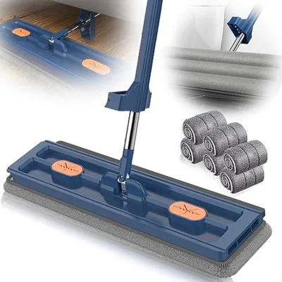 Produktbild von Großer Flachmop,Großer Flach Mopp Bodenwischer, 360-Grad-Bodenwischer Große Flächen mit 137cm Langem Edelstahl Griff, 6 Stück lappen(blau)
