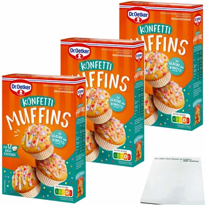 Produktbild von Dr. Oetker Backmischung für bunte Konfetti Muffins mit Backförmchen und Glasur 3er Pack (3x325g Packung) + usy Block