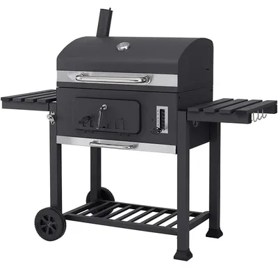 Image de Barbecue au charbon de bois - Fumoir barbecue - Avec grilles - Thermomètre - Planches de bois - Crochets