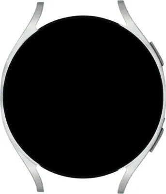 A silver smartwatch with a black screen on a white background.