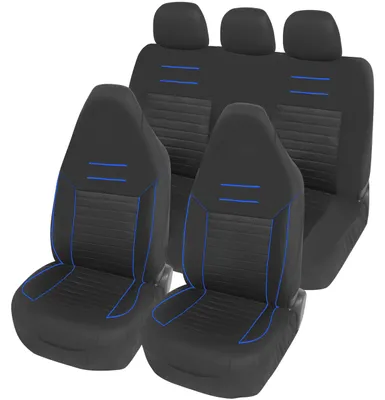 Produktbild von Upgrade4cars Autositzbezüge Set für Pilotensitze | Autositzbezug Komplettset in Schwarz mit blauen Streifen | Autoschonbezüge Universal mit integrierter Kopfstütze | Autozubehör Innenraum Deko
