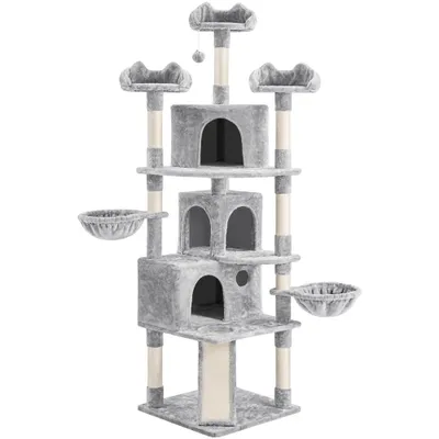 A tall, multi-level cat tree with scratching posts, perches, and enclosed spaces, set against a white background.