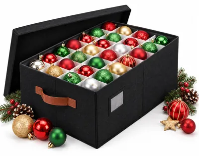 Image de Boîte de rangement pour boules de Noël Relaxdays, capacité pour 96 boules, dimensions (H x L x P) : 26 x 66,5 x 33 cm, en polyester et carton, boîte pour boules, couleur noire, Image générée par une IA