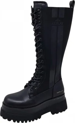 A black lace-up boot with a platform sole.