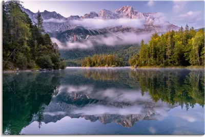 Produktbild von ARTland Leinwandbild Sonnenaufgang, Eibsee mit Zugspitzblick Größe: 30x20 cm