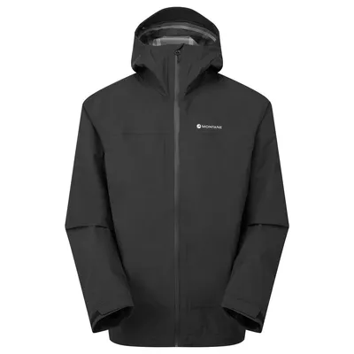 Schwarze Hardshelljacke "Solution Jacket" von Montane; geeignet für Herren; mit Kapuze und Reißverschluss.