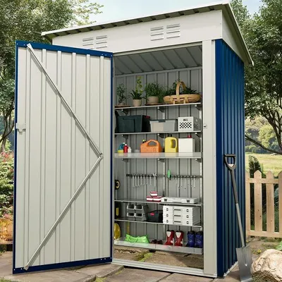 Productafbeelding van Metallische tuinhuisjes, 152x89x183 cm, tuinhuisjes van metaal, opslagruimtes voor buiten, tuinhuis met plat dak, ventilatie en afsluitbare deuren, geschikt voor achtertuin, terras of gazon