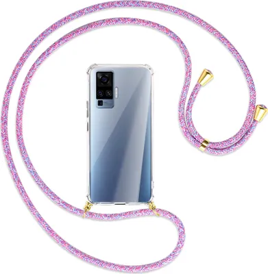 Produktbild von Handykette Backcover-Schutzhülle mit Band (Metall goldfarben) für vivo X50 Pro, X51 5G - lila/rosa/blau