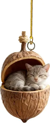 A small kitten sleeping inside a walnut shell ornament.