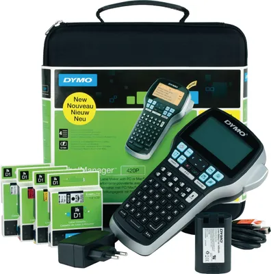 Zdjęcie produktu dla DYMO LabelManager 420P zestaw z wysokowydajną | ładowaną | przenośną drukarką etykiet | z klawiaturą ABC | 4 rolkami etykiet D1 i walizką, Czarny, Szary