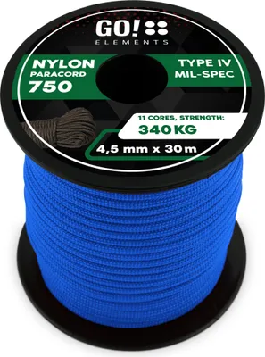 Produktbild von GO!elements 30m Paracord Seil aus reißfester Nylonschnur - 4,5mm Paracord 750 Typ IV Schnur - geeignet als Allzweckseil & Reepschnur - Max. 340kg, Farbe: Blau