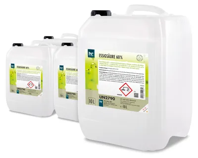 Produktbild von 4x10 Liter hochprozentige Essigsäure 60% zur Entkalkung und Reinigung auch für den Haushaltsgebrauch geeignet