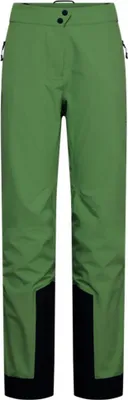 Grüne La Sportiva Crest Evo Shell Pants W mit schwarzen Verstärkungen an den Beinenden und zwei Knöpfen am Bund