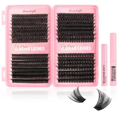Image de Kit d'extensions de cils comprenant 544 pièces de différentes longueurs (10-16 mm) avec une courbure en C, ainsi que de la colle et un dissolvant