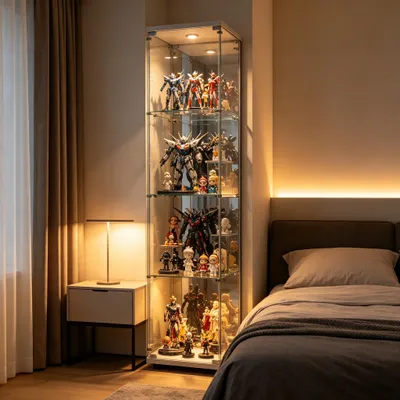 Produktbild von INONEFT Glasvitrine Vitrine mit LED-Beleuchtung und Schloss – Glas-Holzvitrine,4-stufige Vitrinenschrank für Sammlerstücke, 36,5 x 42,5 x 164 cm,Weiß