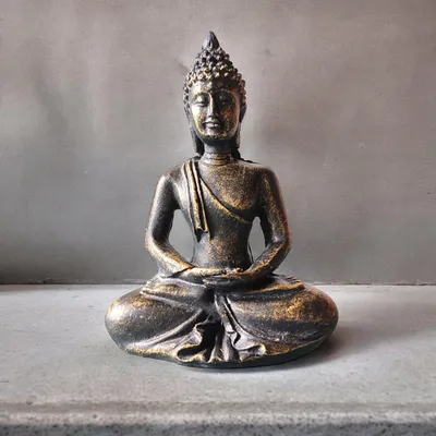Buddha-Figur, 10,5 cm, bronzefarben, antiker Stil, aus Harz