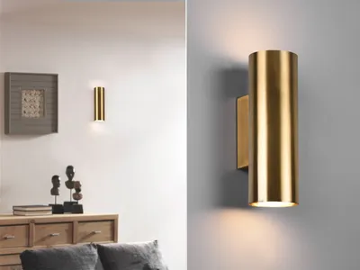 A split image showing a wall lamp in a room setting and a close-up of the lamp.