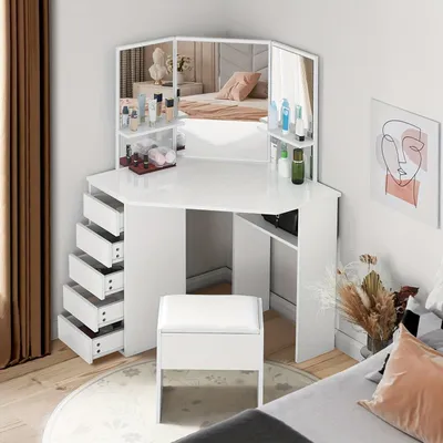 Obrázek produktu pro Kosmetický stolek Hoek – Kosmetický stolek – Toaletní stolek – Stolek na líčení – Bílý design – 5 zásuvek a 3 zrcadla