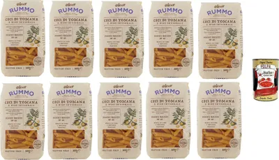 Produktbild von Rummo Ceci di Toscana e Riso Integrale Penne Rigate N° 66 senza glutine, Pasta gluten free, glutenfrei, Kichererbsen der Toskana und voller Reis 10x 500g + Italian Gourmet polpa 400g