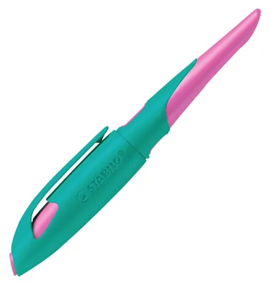 Image de Stylo scolaire ergonomique pour droitiers avec plume A pour débutants - STABILO EASYbirdy en turquoise/rose fluo - Stylo simple - cartouche incluse