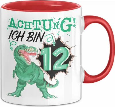 Produktbild von 12. Geburtstag Geschenk Tasse Becher Jungs Sohn T-Rex Geburtstagsgeschenk Dinosaurier Achtung Ich bin 12 (Rot)