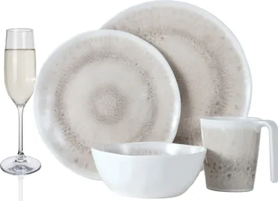 Produktbild von Melamin Camping Geschirr Set 4 Personen Amboss Design 16 Teilig + 4 Champgner Gläser Flûtes Tafelgeschirr Picknick BBQ Kochgeschirr