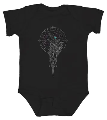 Productafbeelding van Wikings, Wolf, Fenrir, Vegvisir, Kompas, Runen, Noordse mythologie, Walhalla, Odin, babyromper, zwart, maat 0/3
