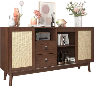 Produktbild von Sideboard Kommode mit 3 Rattan-Schiebetüren & 2 Schubladen, Anrichte in dunkler Holz-Optik, 155x38x80 cm, Wohnzimmerschrank mit Massivholzfüßen
