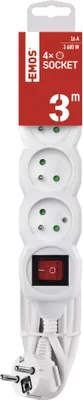 Prodlužovací kabel 3 m / 4 zásuvky / s vypínačem / bílý / PVC / 1,5 mm2
