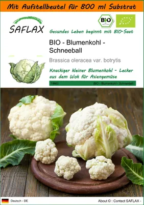 Produktbild von SAFLAX - Garden in the Bag - BIO - Blumenkohl - Schneeball - 70 Samen - Mit Anzuchtsubstrat im praktischen, selbst aufstellenden Beutel - Brassica oleracea
