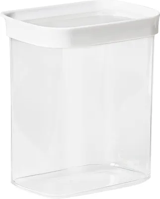 A clear, studio shot of an empty, rectangular, transparent plastic food storage container with a white lid.