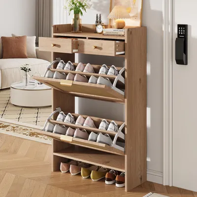Produktbild von STILVORA Schuhschrank mit Rattan-Doppeltüren, Schuhkipper mit 2 Schubladen und mehrstufigem Stauraum, Flurschrank für Eingangsbereich, Holzoptik