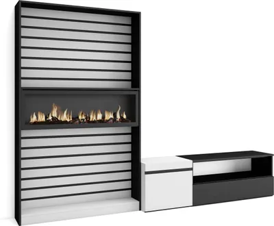 Produktbild von Wohnwand Wohnzimmer, 260x35x186cm, Für TV-Geräte bis zu 65", Elektrokamin XXL. Weiß und Schwarz