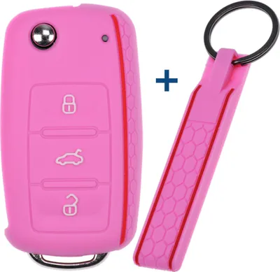 Produktbild von Auto Schlüssel Silikon Schutz Hülle + Schlüsselband im Wabe Design Rosa kompatibel mit VW SEAT Skoda Golf 6 Octavia UP Leon 3 Tasten Klappschlüssel