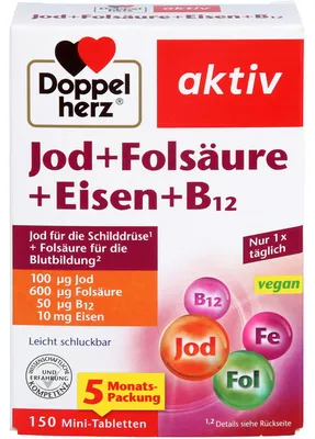Produktbild von Doppelherz aktiv Jod + Folsäure + Eisen + B12 Mini-Tabletten, 150 St. Tabletten
