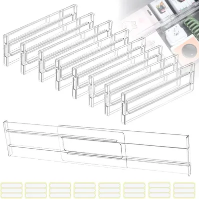 Obrázek produktu pro Sada 8 nastavitelných, průhledných plastových děliček do zásuvek, délka 27,5 až 52 cm