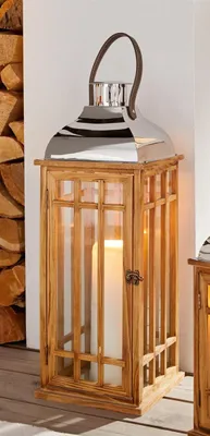 Produktbild von Laterne "Wood" aus Holz & Glas, 60 cm hoch, Holzlaterne mit Henkel & Metalldach, Windicht, Bodenlaterne, Kerzenlaterne