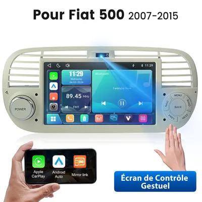 Image de Autoradio 7 Pouces Linux pour Fiat 500 2007-2015 avec CarPlay & Android Auto – Sans fil, Bluetooth, Blanc